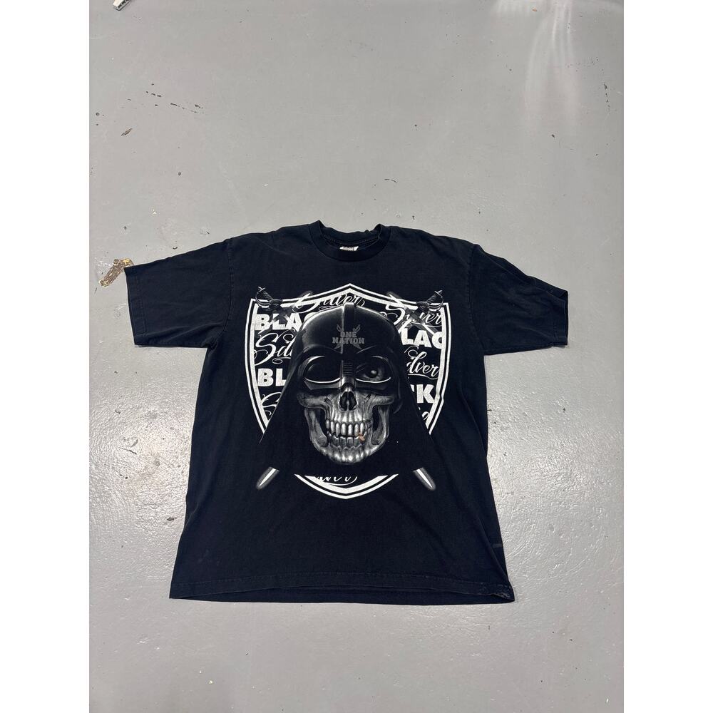 Vintage 2000s Oakland Raiders One Nation‎ Skull T Shirt Black NFL Graphic Tee